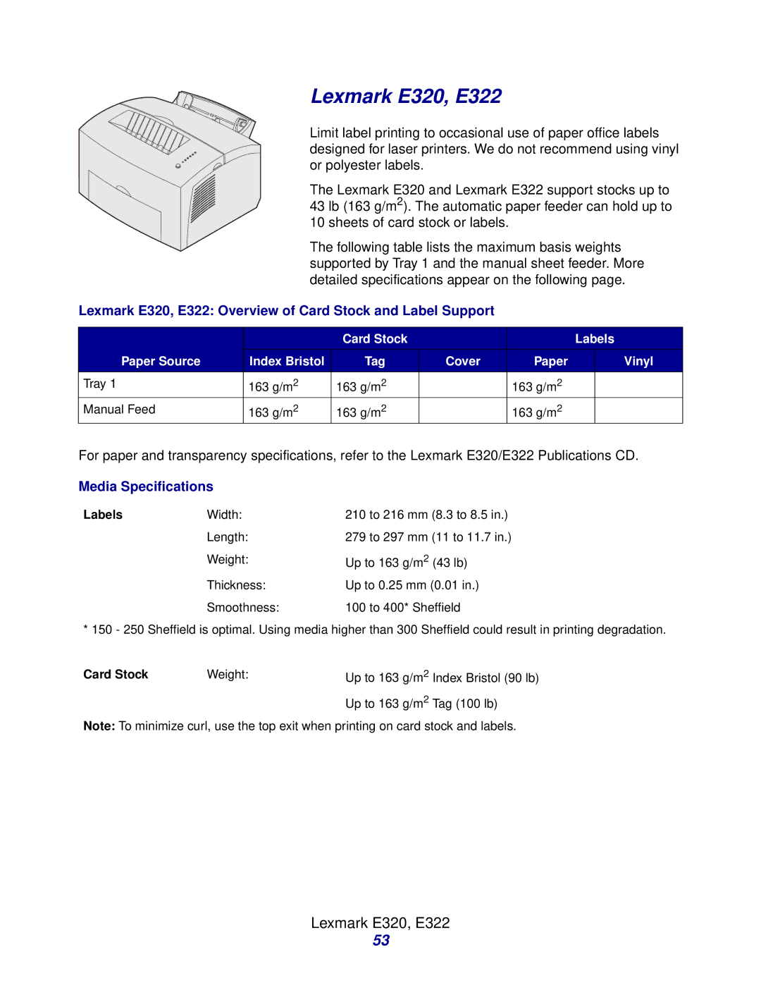 Lexmark Laser Printers manual Lexmark E320, E322 Overview of Card Stock and Label Support 