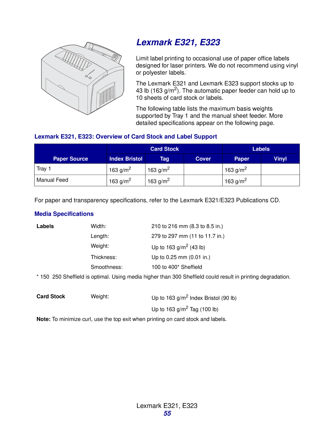 Lexmark Laser Printers manual Lexmark E321, E323 Overview of Card Stock and Label Support 
