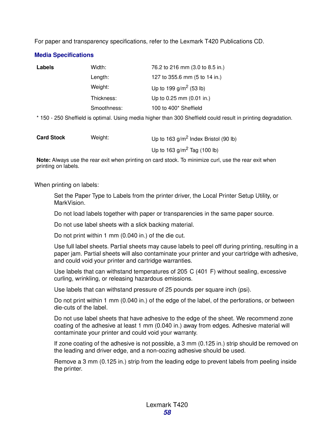 Lexmark Laser Printers manual Media Specifications 