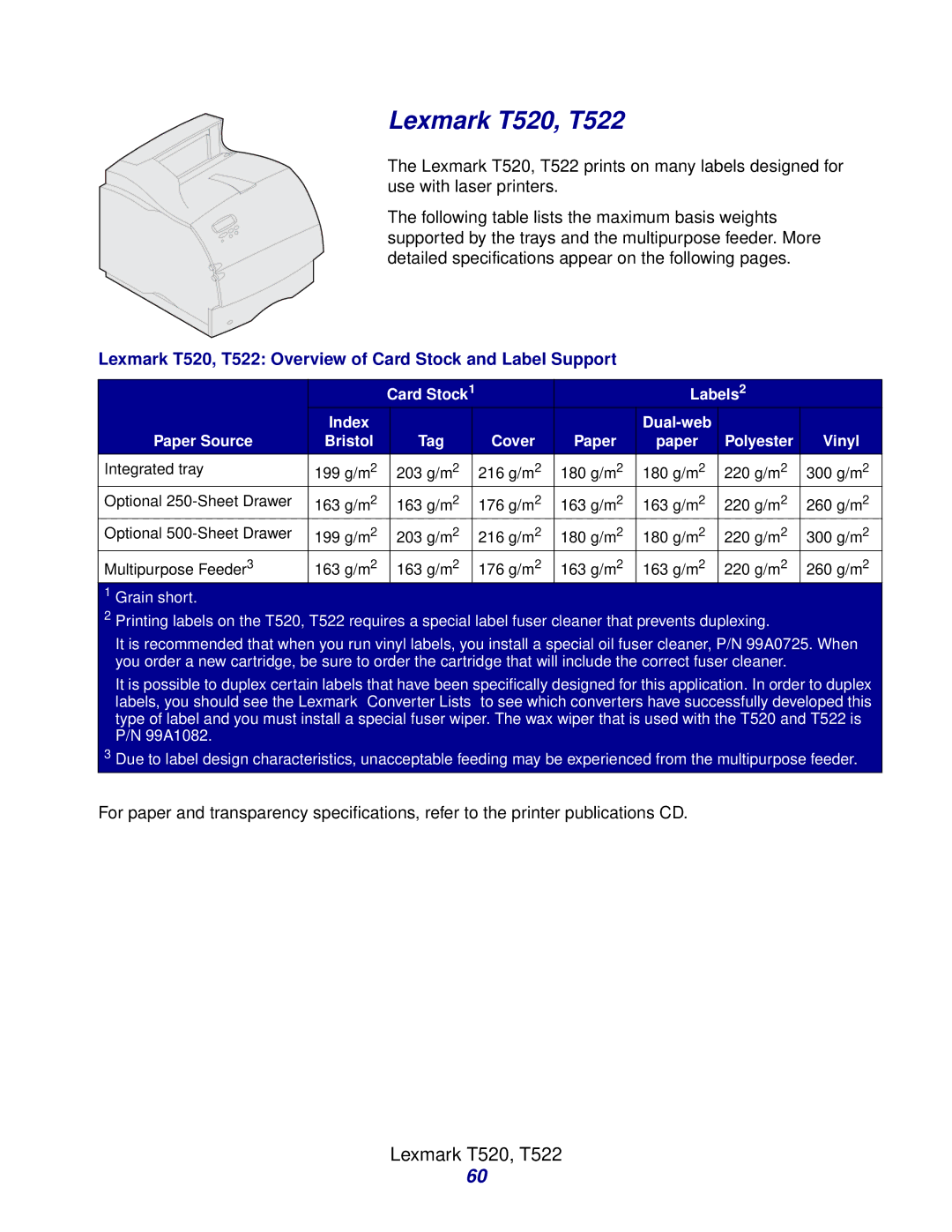 Lexmark Laser Printers manual Lexmark T520, T522 Overview of Card Stock and Label Support 