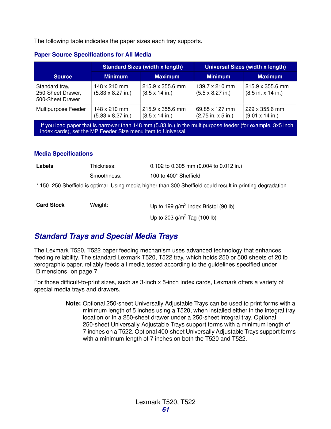 Lexmark Laser Printers manual Standard Trays and Special Media Trays 