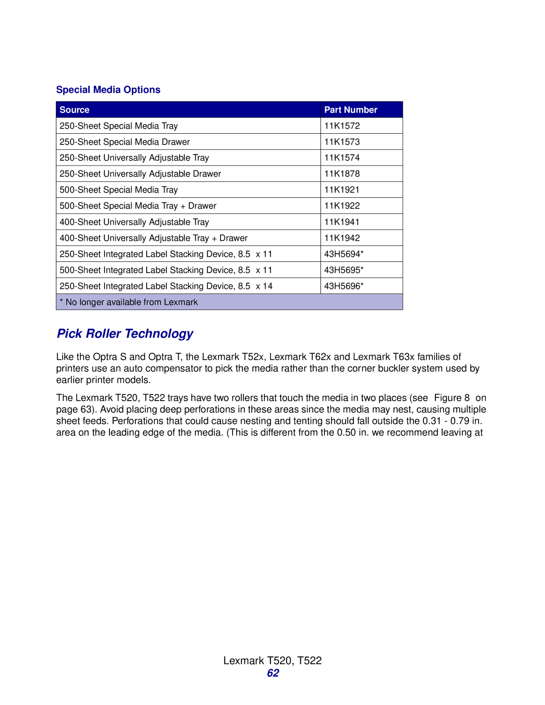 Lexmark Laser Printers manual Special Media Options, Source Part Number 