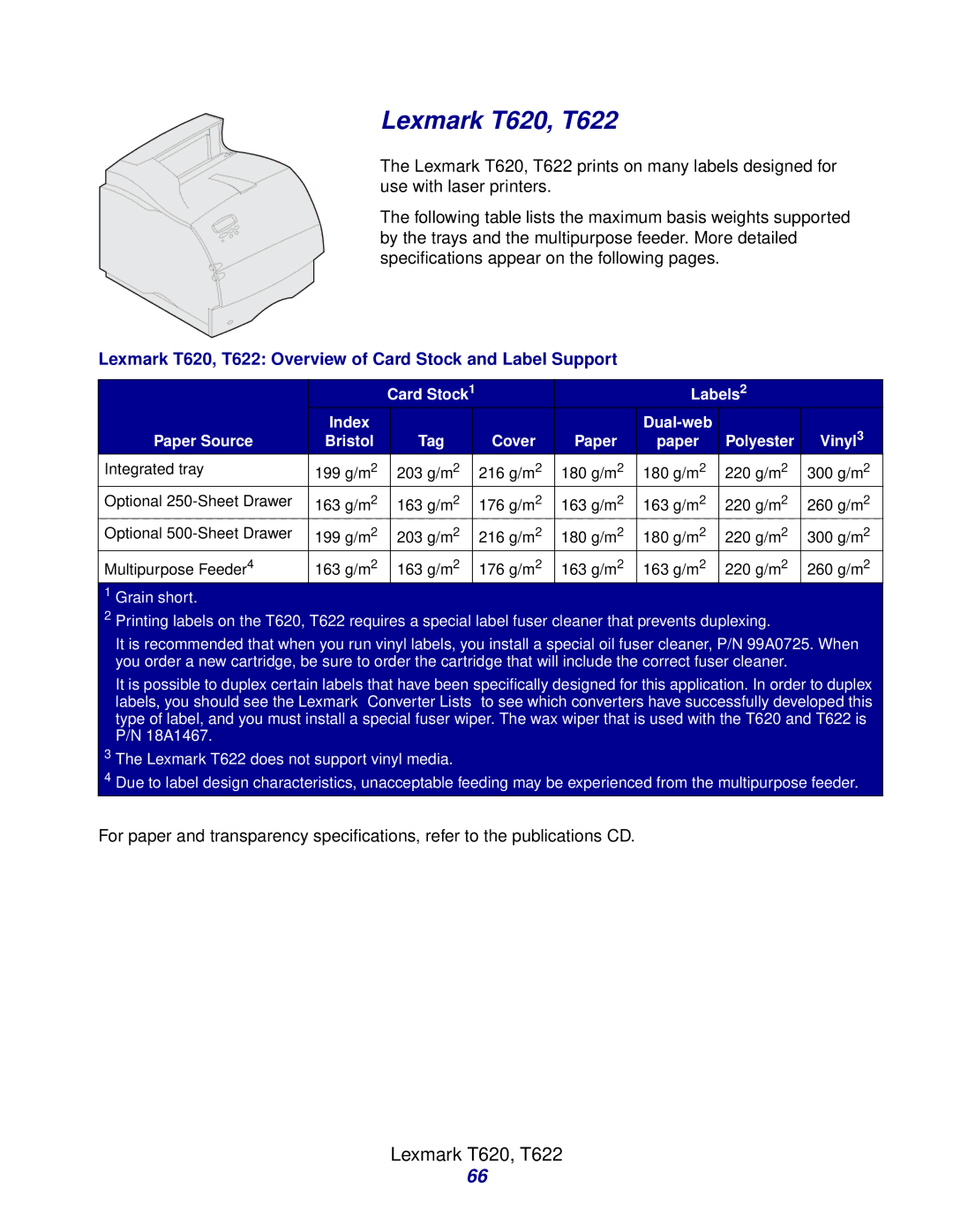 Lexmark Laser Printers manual Lexmark T620, T622 Overview of Card Stock and Label Support 