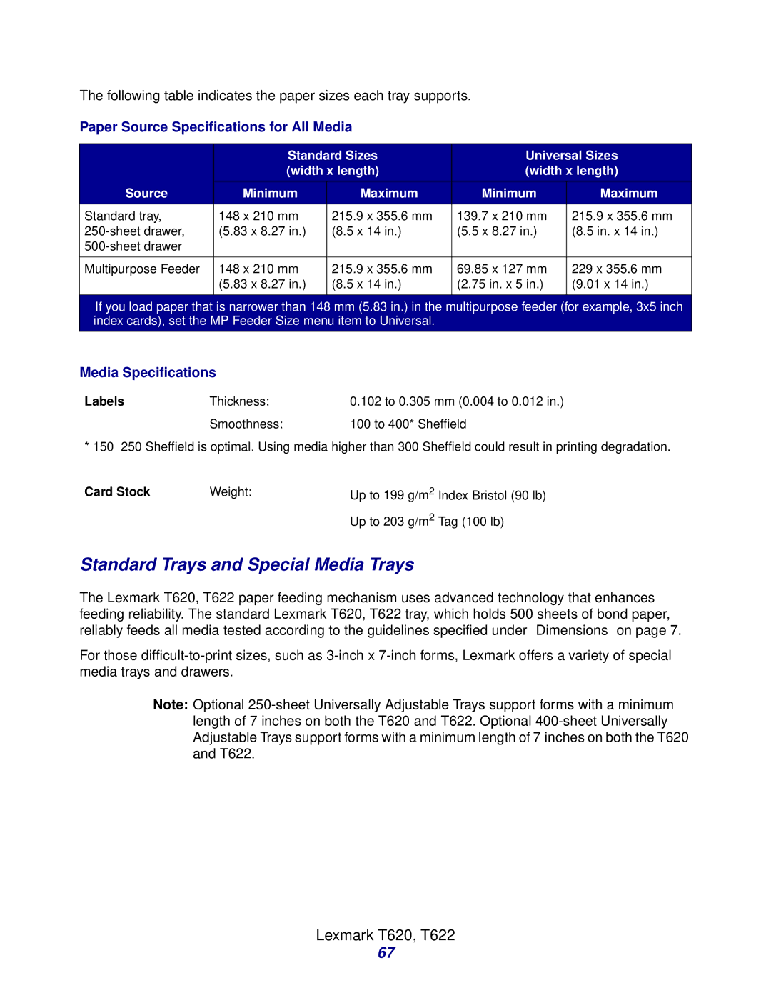 Lexmark Laser Printers manual Standard Trays and Special Media Trays 