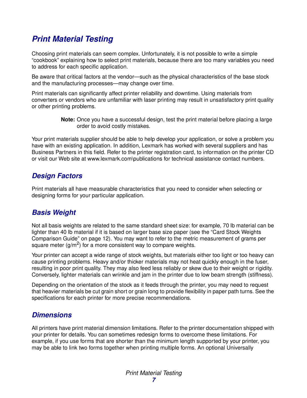 Lexmark Laser Printers manual Print Material Testing, Design Factors, Basis Weight, Dimensions 