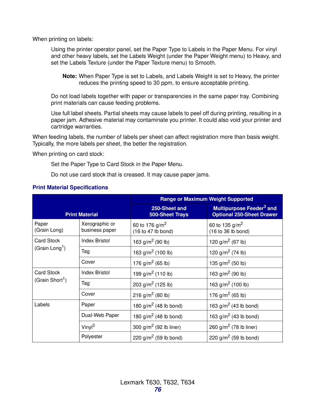 Lexmark Laser Printers manual Print Material Specifications 