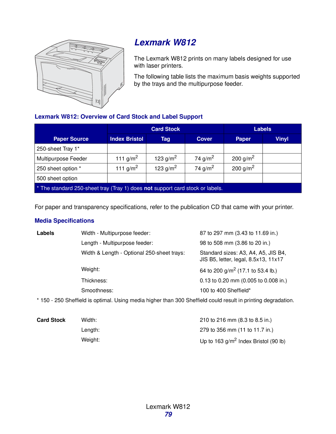 Lexmark Laser Printers manual Lexmark W812 Overview of Card Stock and Label Support 