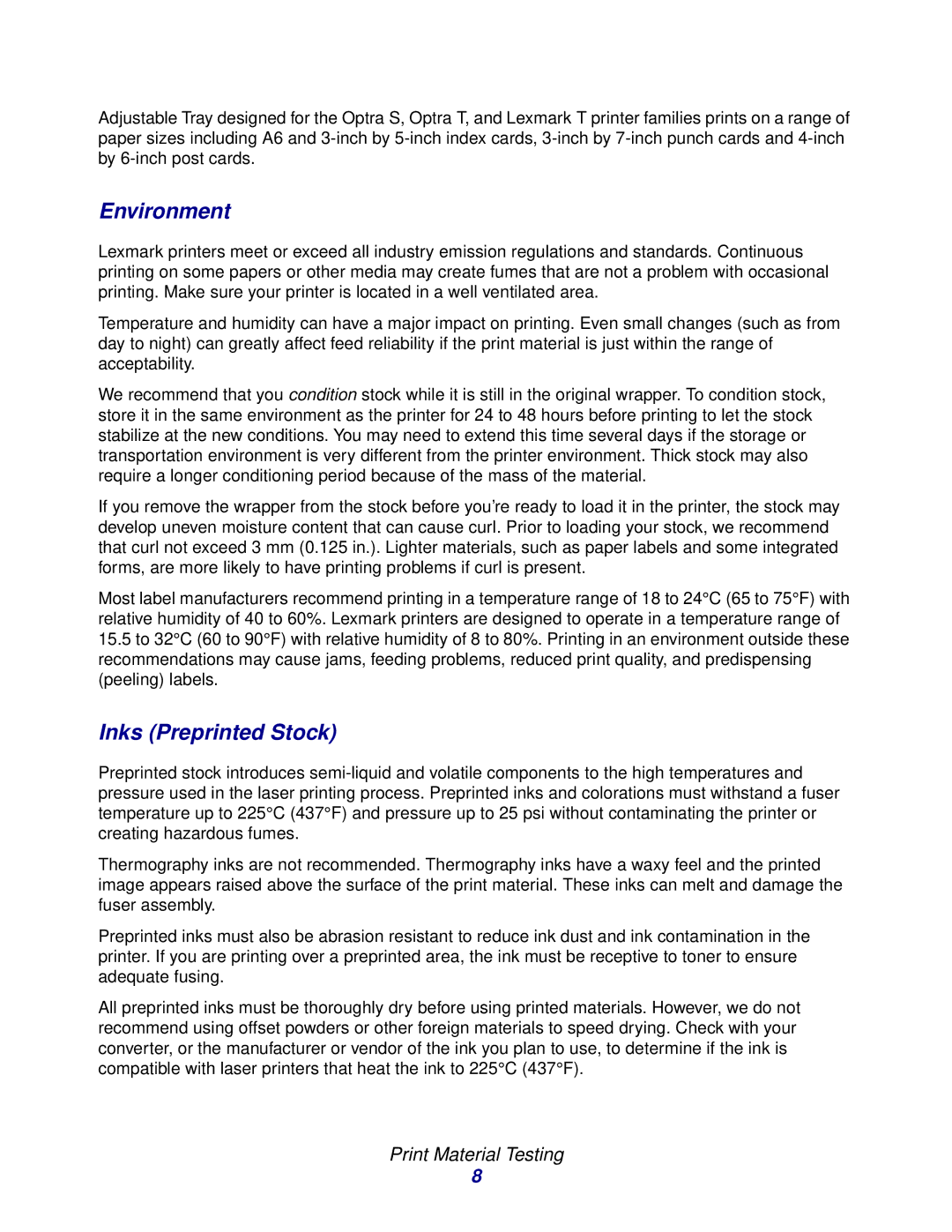 Lexmark Laser Printers manual Environment, Inks Preprinted Stock 