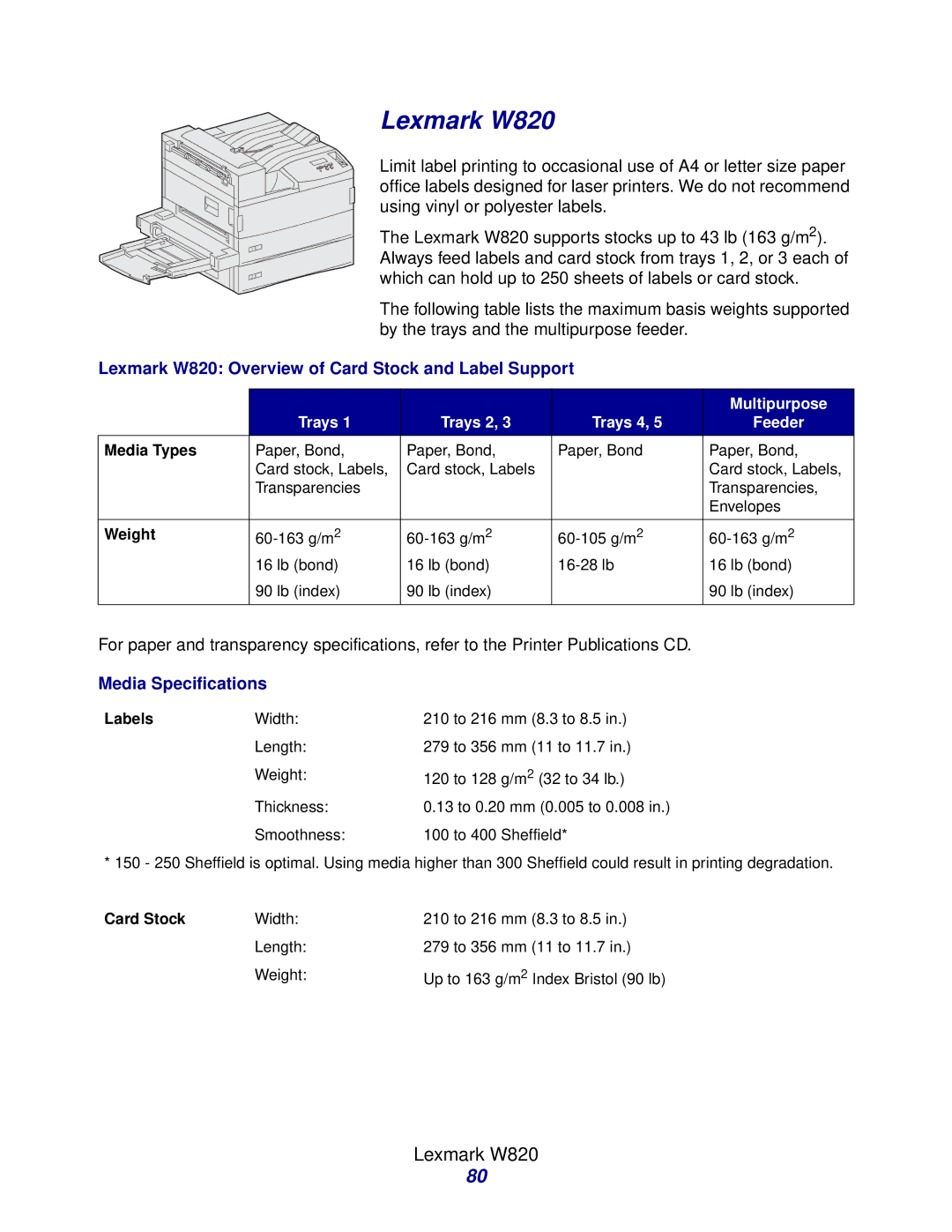 Lexmark Laser Printers manual Lexmark W820 Overview of Card Stock and Label Support, Multipurpose 