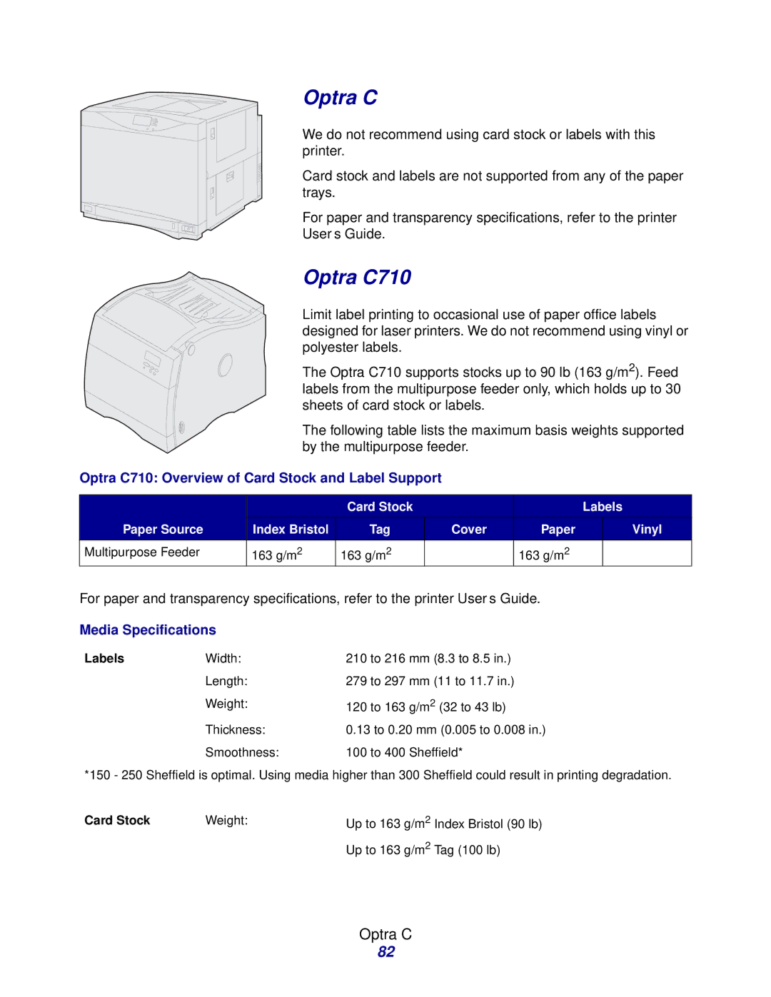 Lexmark Laser Printers manual Optra C710 Overview of Card Stock and Label Support 