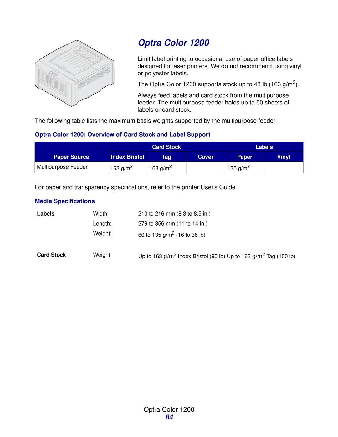 Lexmark Laser Printers manual Optra Color 1200 Overview of Card Stock and Label Support 