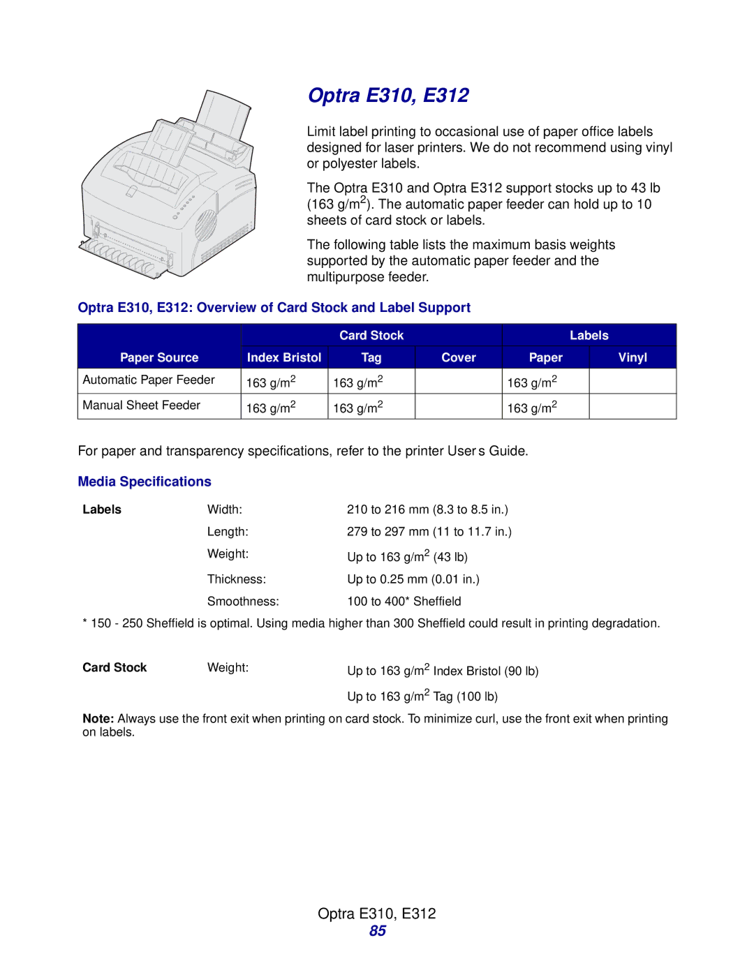 Lexmark Laser Printers manual Optra E310, E312 Overview of Card Stock and Label Support 