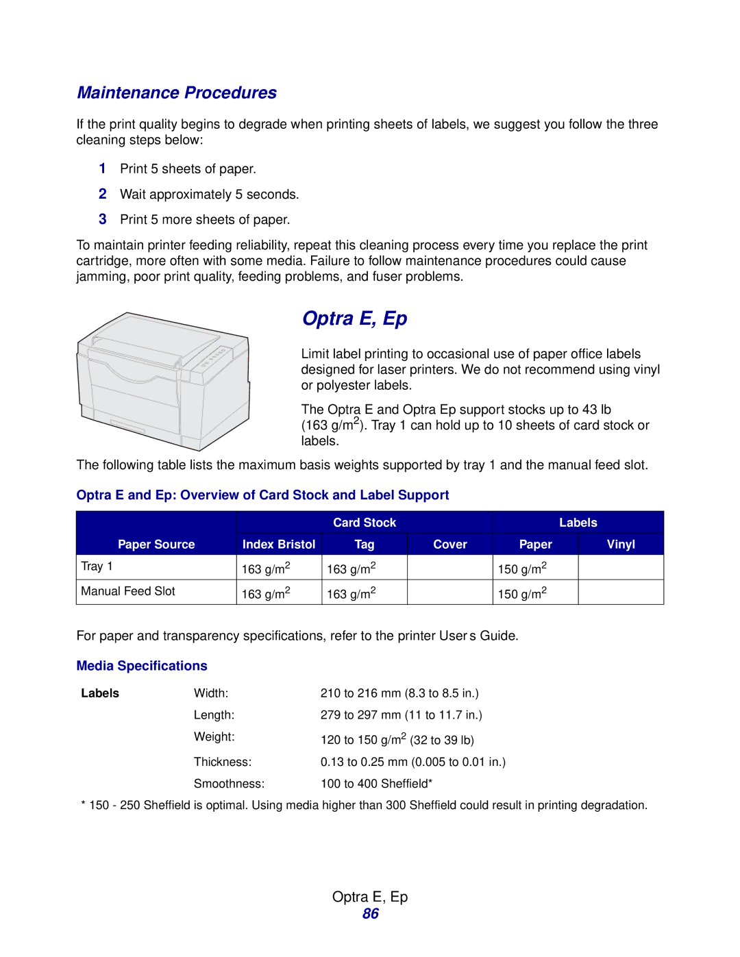 Lexmark Laser Printers manual Optra E, Ep, Optra E and Ep Overview of Card Stock and Label Support 