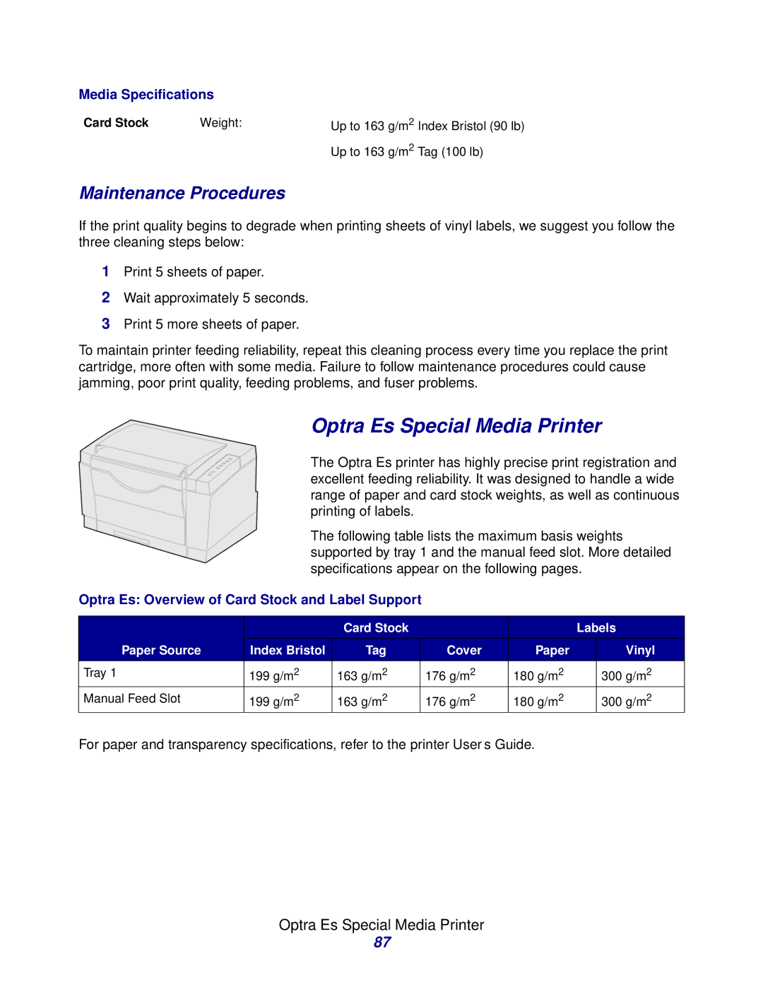 Lexmark Laser Printers manual Optra Es Special Media Printer, Optra Es Overview of Card Stock and Label Support 