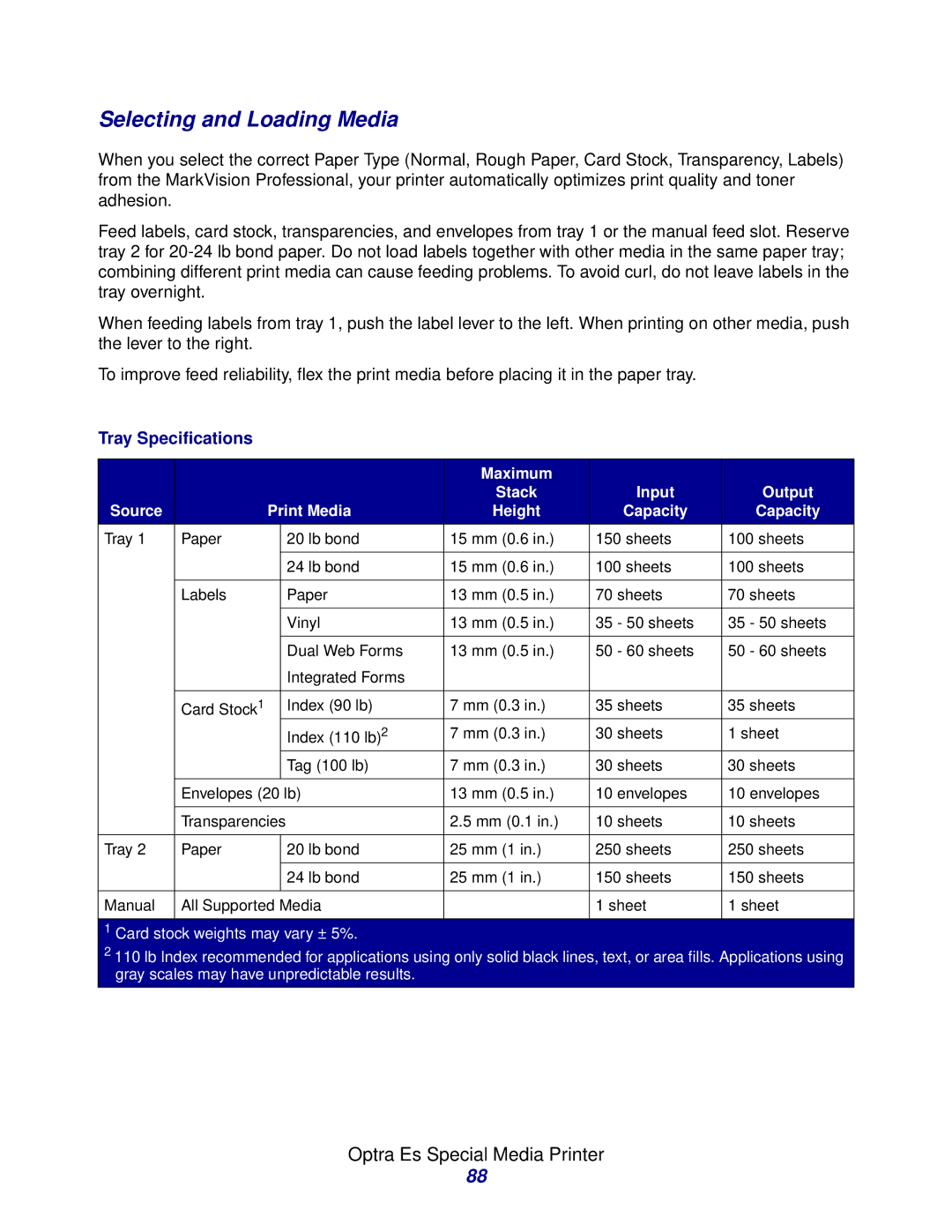 Lexmark Laser Printers manual Selecting and Loading Media, Tray Specifications 