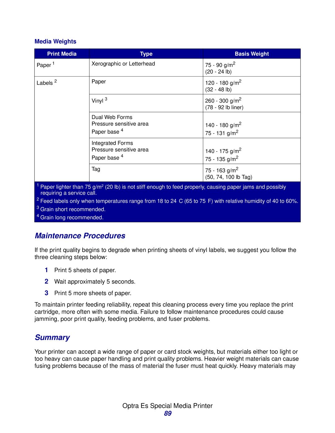 Lexmark Laser Printers manual Summary, Media Weights, Print Media Type Basis Weight 