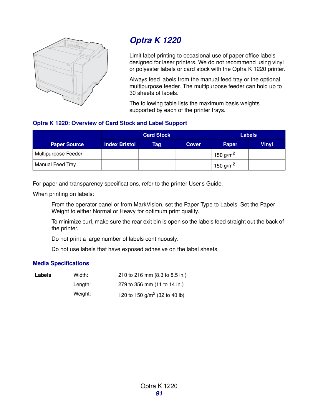 Lexmark Laser Printers manual Optra K 1220 Overview of Card Stock and Label Support 