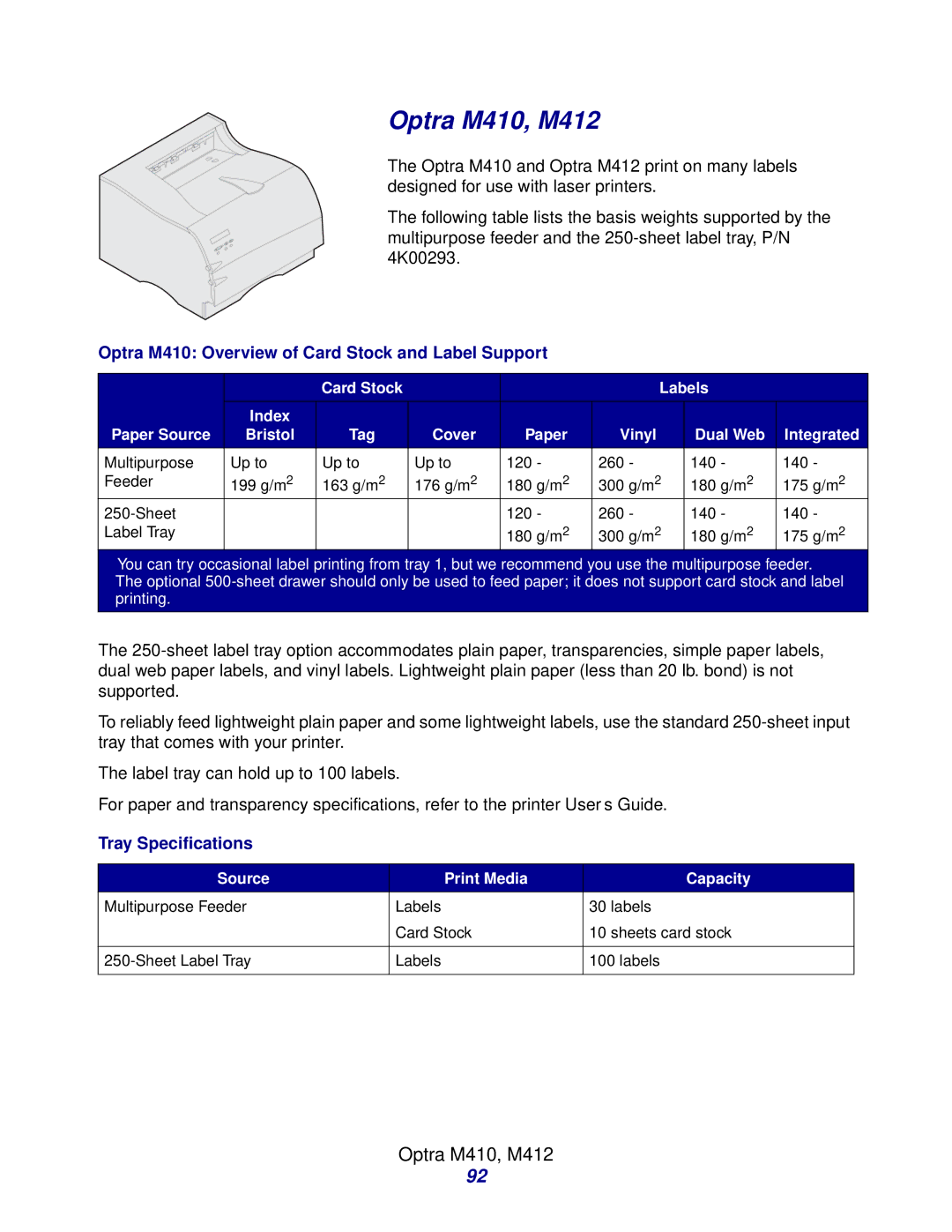 Lexmark Laser Printers manual Optra M410, M412, Optra M410 Overview of Card Stock and Label Support 