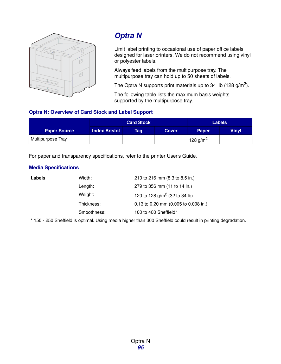 Lexmark Laser Printers manual Optra N Overview of Card Stock and Label Support 