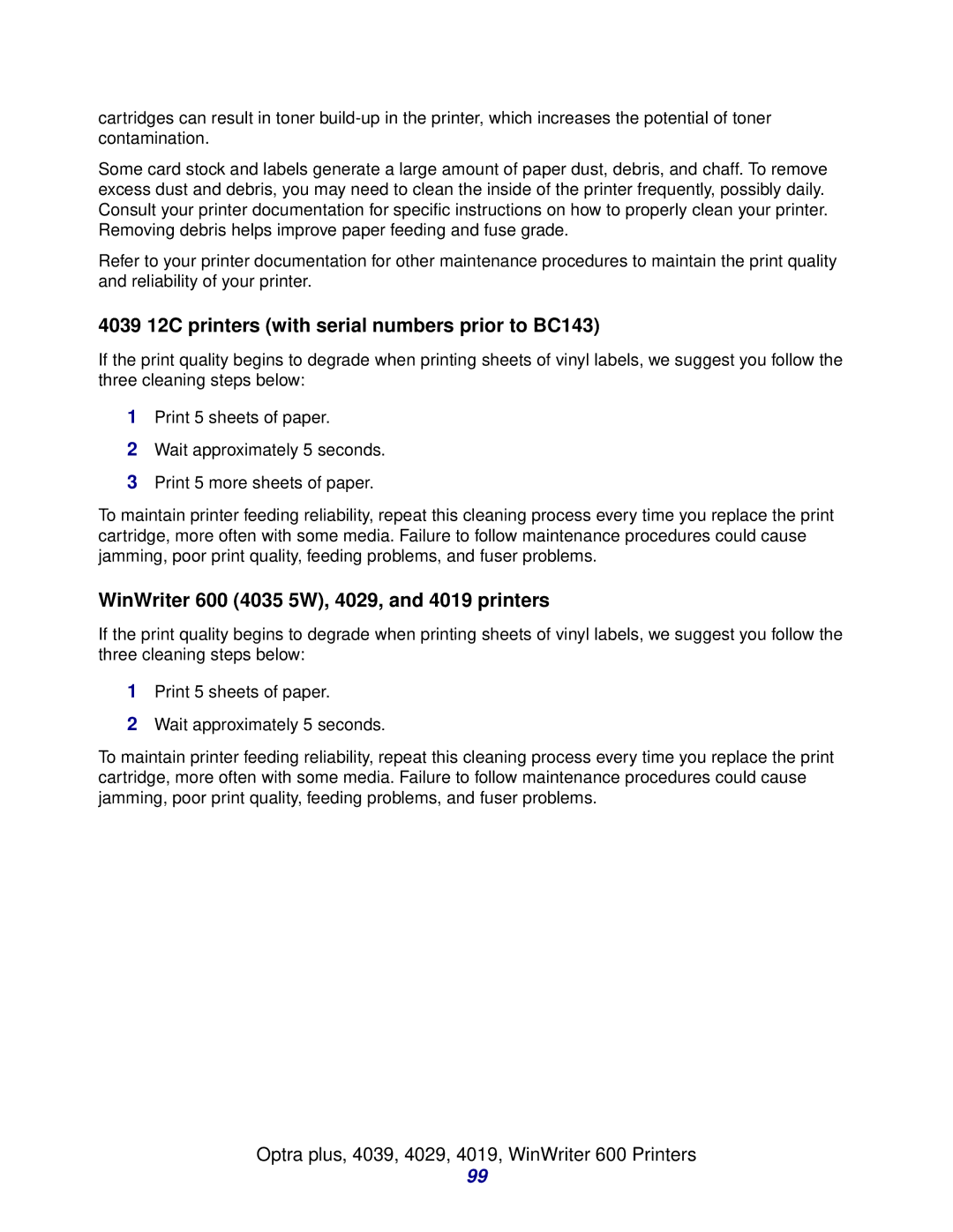 Lexmark Laser Printers manual 4039 12C printers with serial numbers prior to BC143 