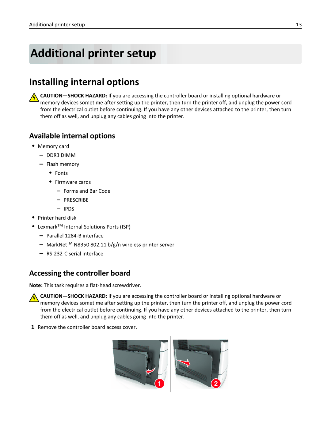 Lexmark M5163DN manual Additional printer setup, Installing internal options, Available internal options 