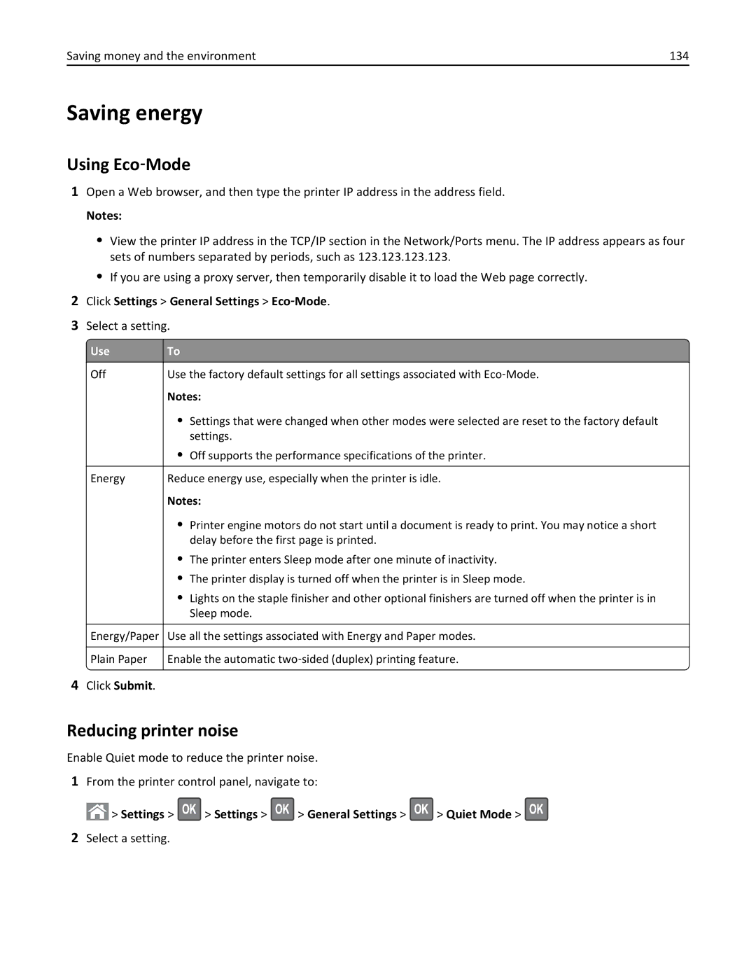 Lexmark M5163DN manual Saving energy, Using Eco‑Mode, Reducing printer noise, Click Settings General Settings Eco‑Mode 