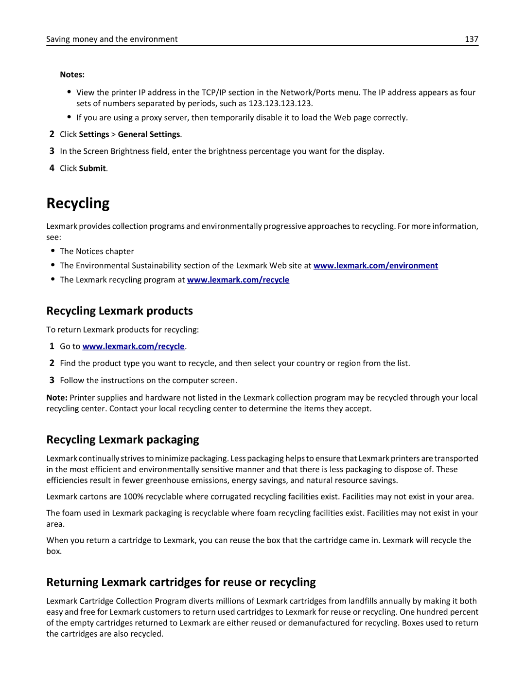 Lexmark M5163DN manual Recycling Lexmark products, Recycling Lexmark packaging, Click Settings General Settings 