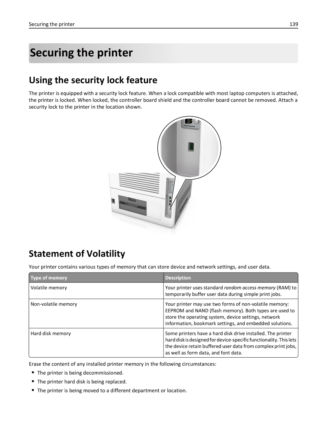 Lexmark M5163DN manual Using the security lock feature, Statement of Volatility, Securing the printer 139 