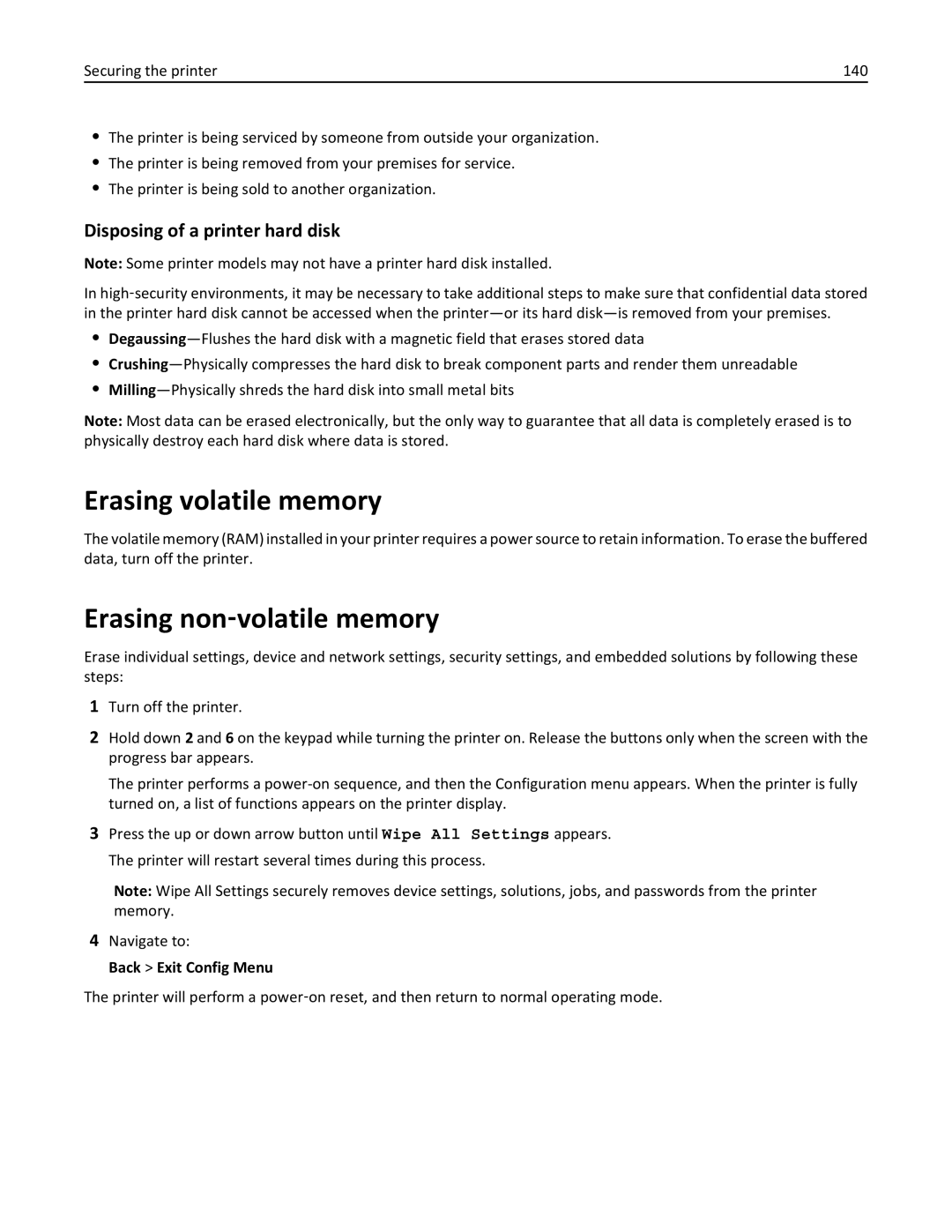 Lexmark M5163DN manual Erasing volatile memory, Erasing non‑volatile memory, Disposing of a printer hard disk 