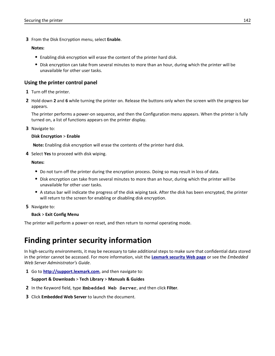 Lexmark M5163DN manual Finding printer security information, Disk Encryption Enable 