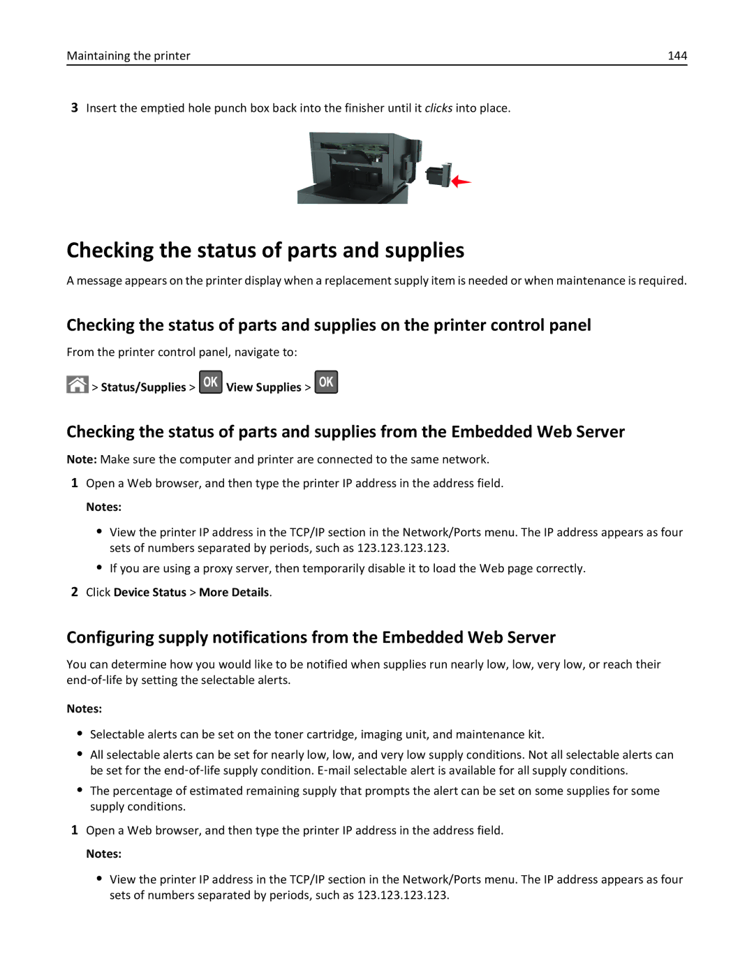 Lexmark M5163DN Checking the status of parts and supplies, Status/Supplies View Supplies, Click Device Status More Details 