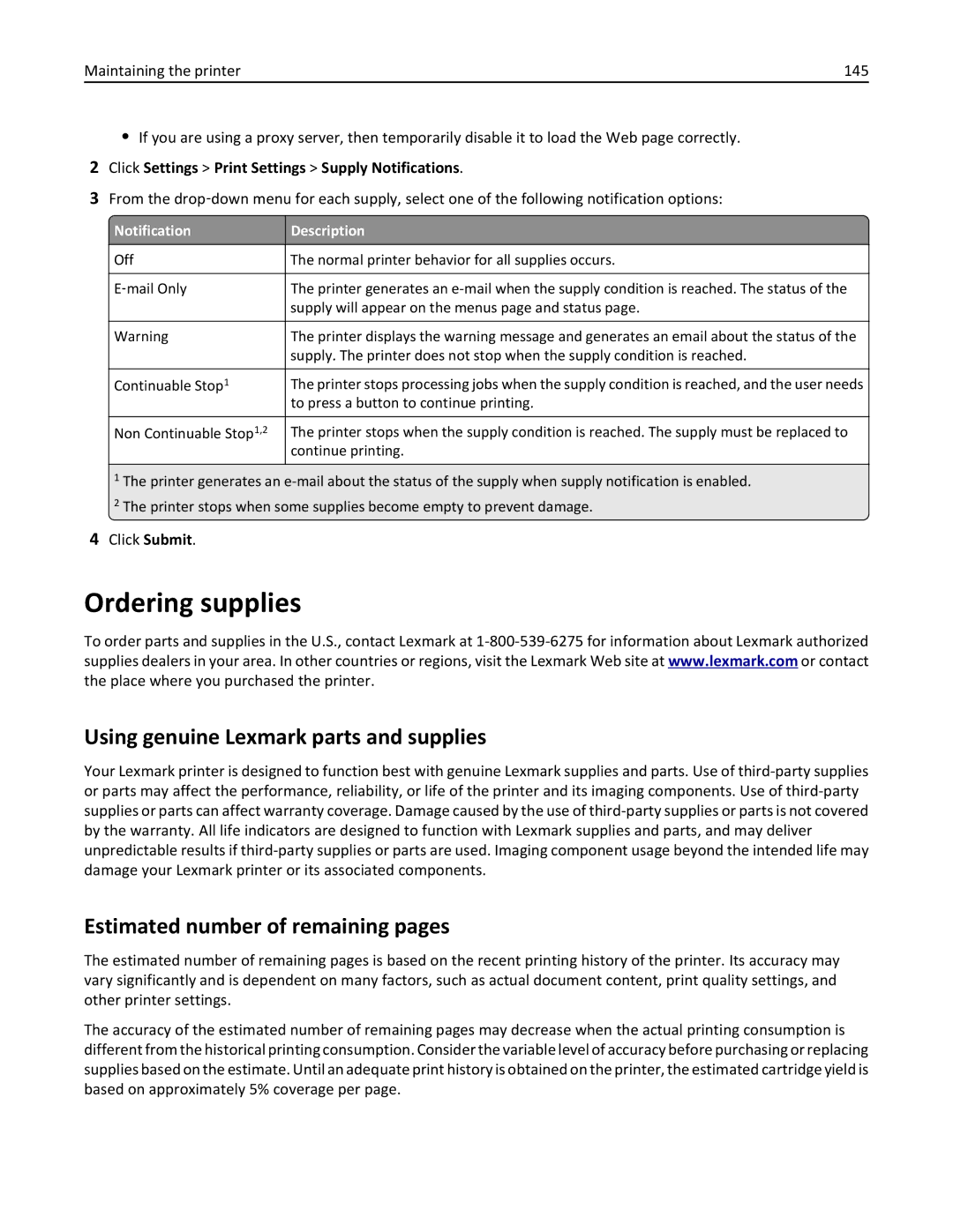 Lexmark M5163DN manual Ordering supplies, Using genuine Lexmark parts and supplies, Estimated number of remaining pages 