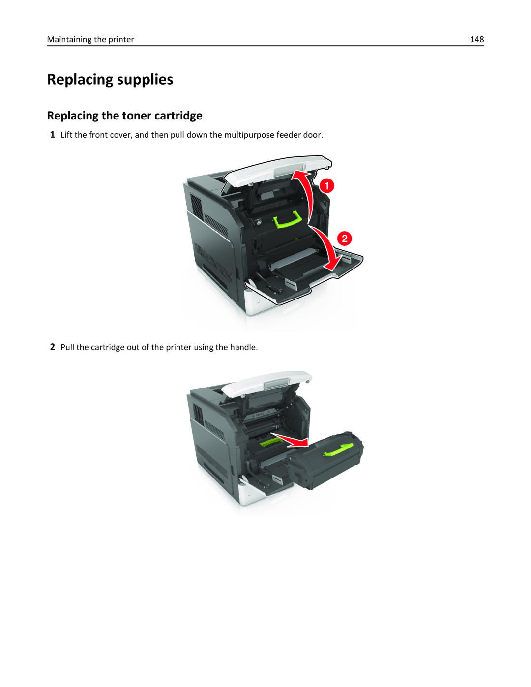 Lexmark M5163DN manual Replacing supplies, Replacing the toner cartridge, Maintaining the printer 148 