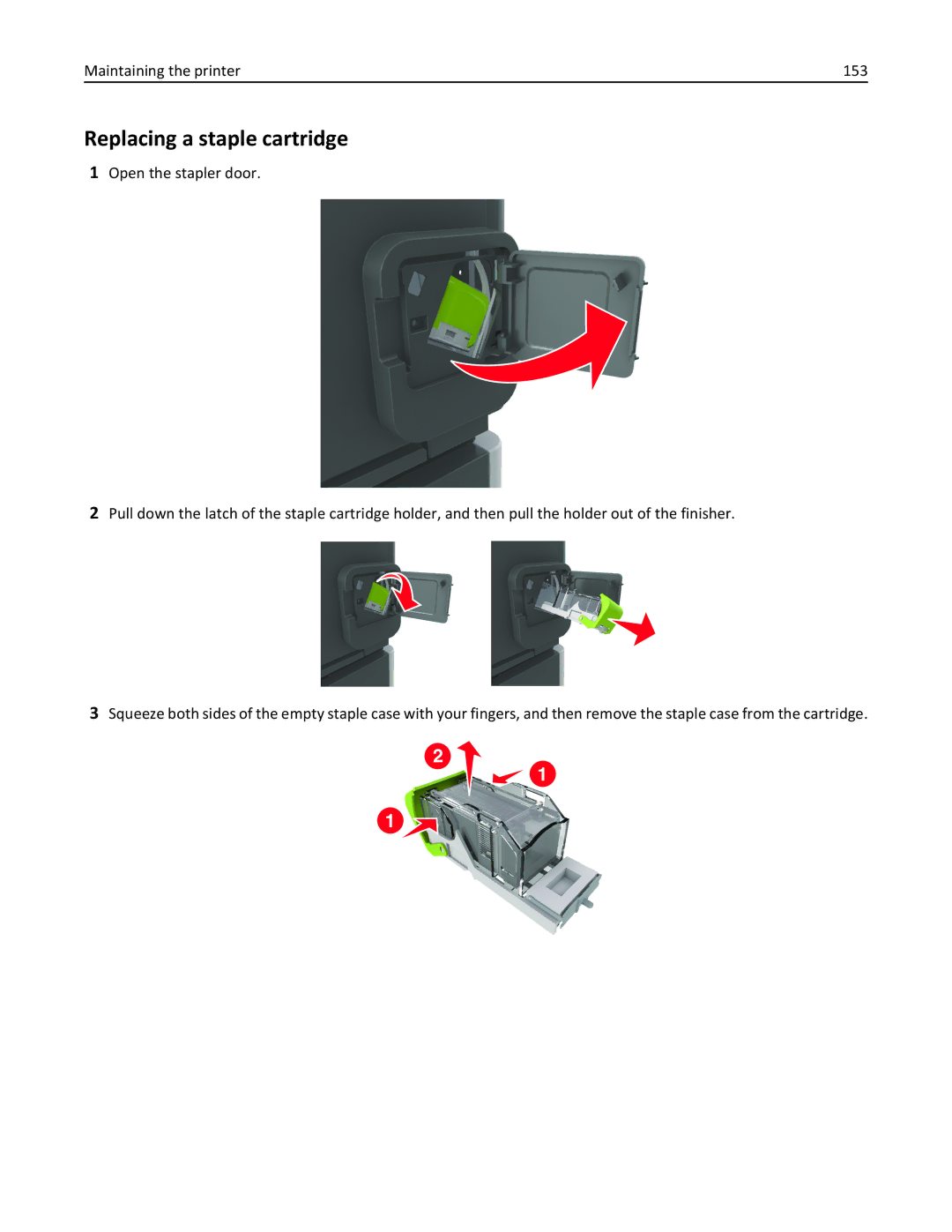 Lexmark M5163DN manual Replacing a staple cartridge, Maintaining the printer 153 