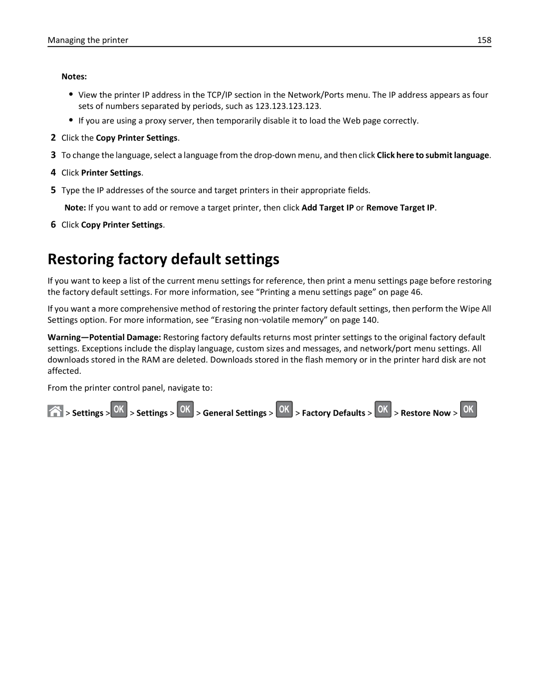 Lexmark M5163DN manual Restoring factory default settings, Click the Copy Printer Settings, Click Printer Settings 