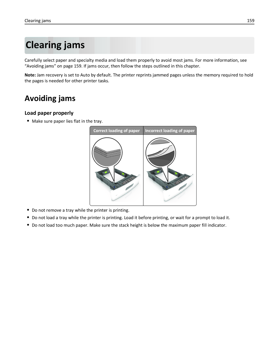 Lexmark M5163DN manual Avoiding jams, Load paper properly, Clearing jams 159, Make sure paper lies flat in the tray 