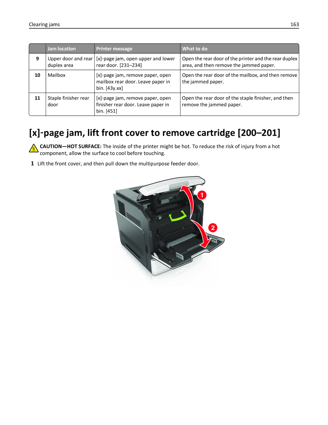 Lexmark M5163DN manual ‑page jam, lift front cover to remove cartridge, Clearing jams 163 