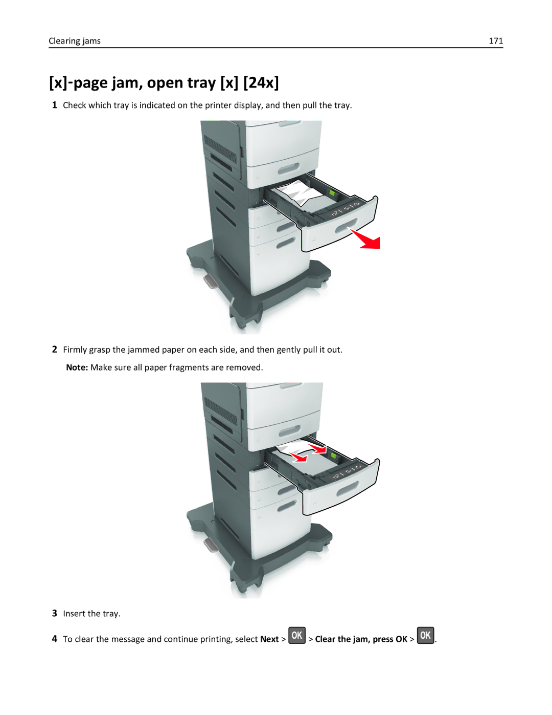 Lexmark M5163DN manual ‑page jam, open tray x, Clearing jams 171 