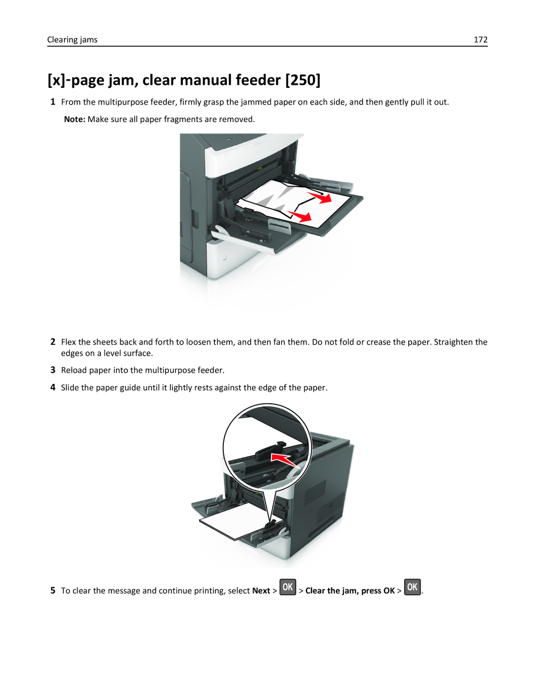 Lexmark M5163DN ‑page jam, clear manual feeder, Clearing jams 172 