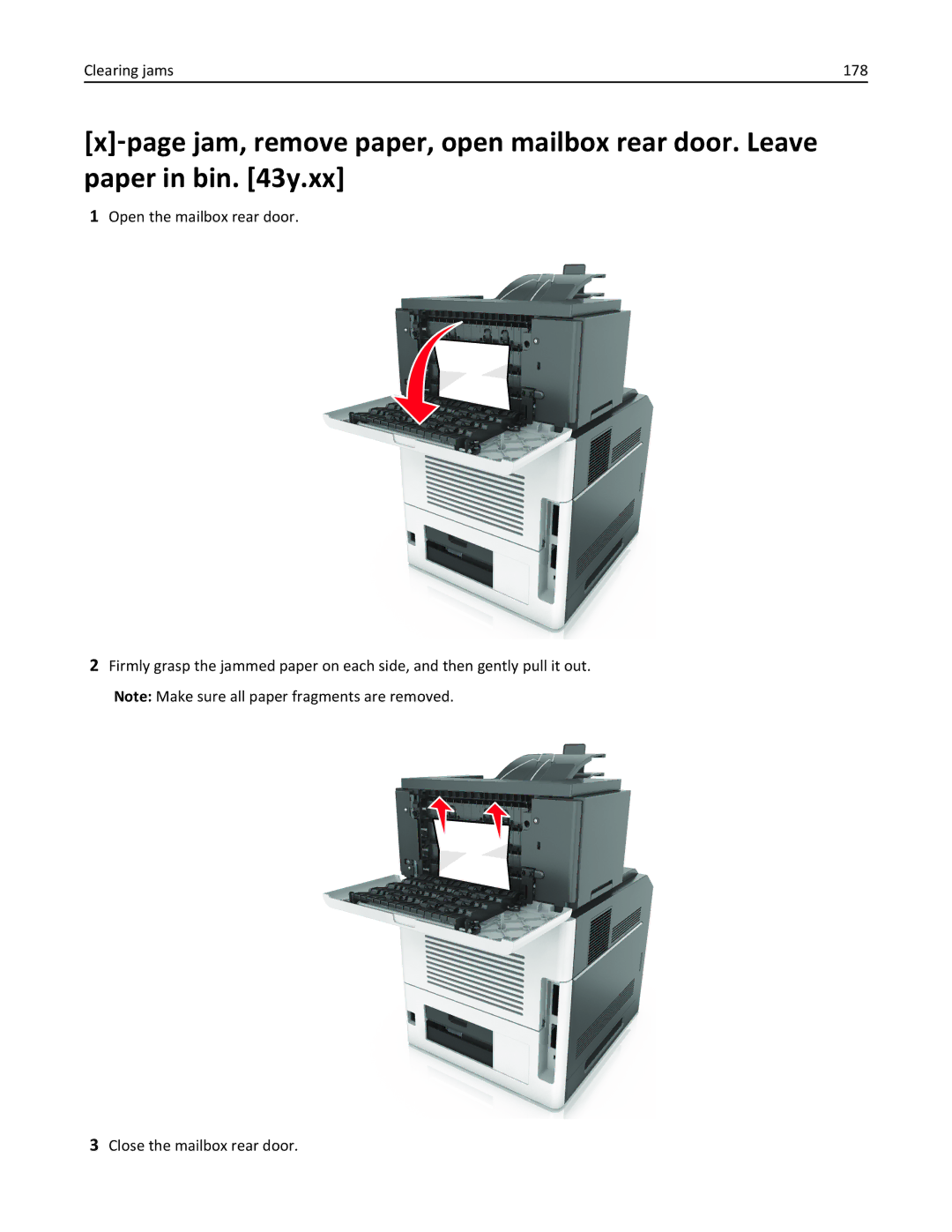 Lexmark M5163DN manual Clearing jams 178 