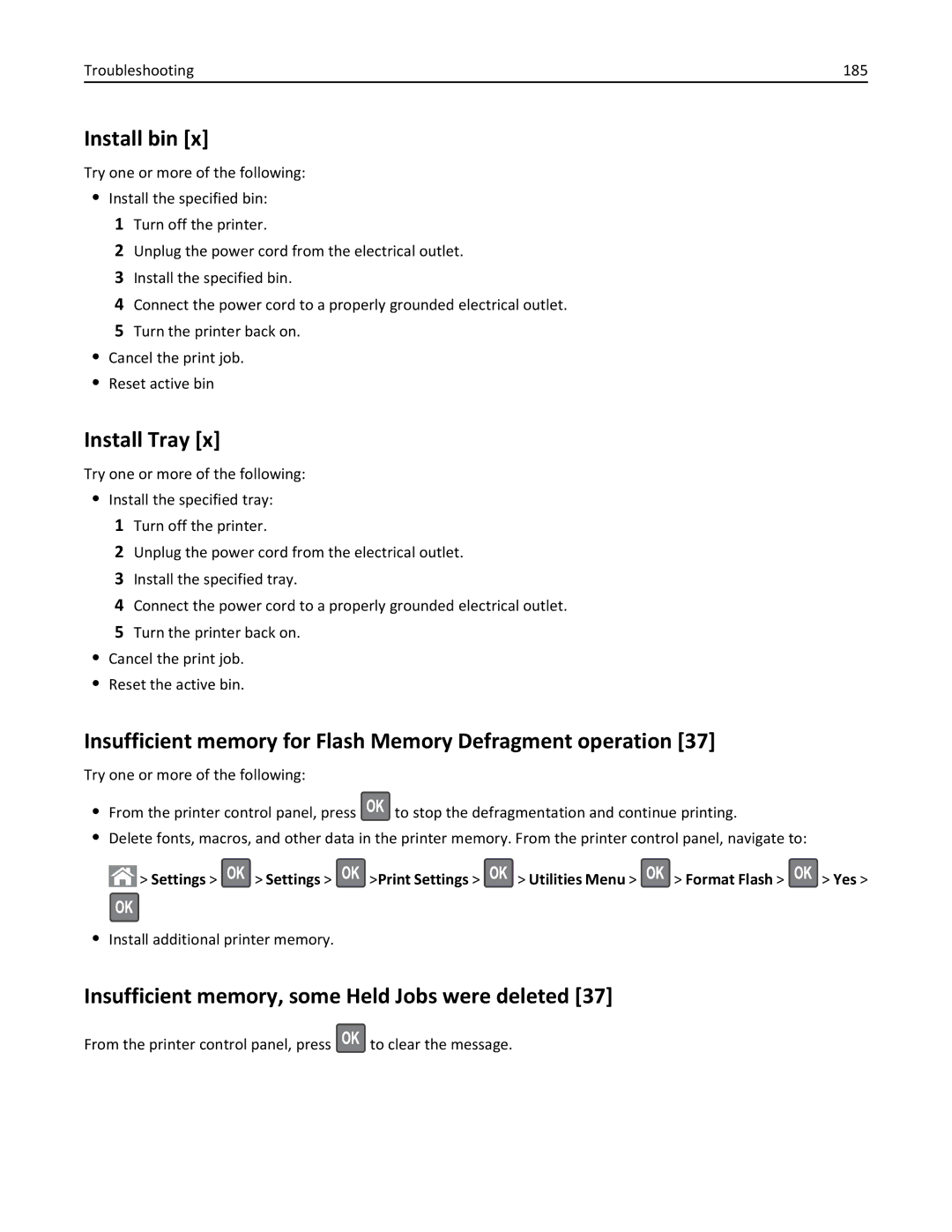 Lexmark M5163DN Install bin, Install Tray, Insufficient memory for Flash Memory Defragment operation, Troubleshooting 185 
