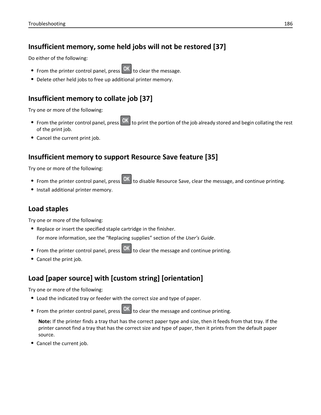 Lexmark M5163DN Insufficient memory, some held jobs will not be restored, Insufficient memory to collate job, Load staples 