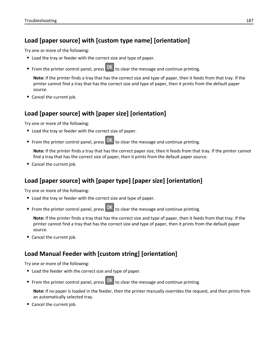 Lexmark M5163DN manual Load paper source with custom type name orientation, Load paper source with paper size orientation 