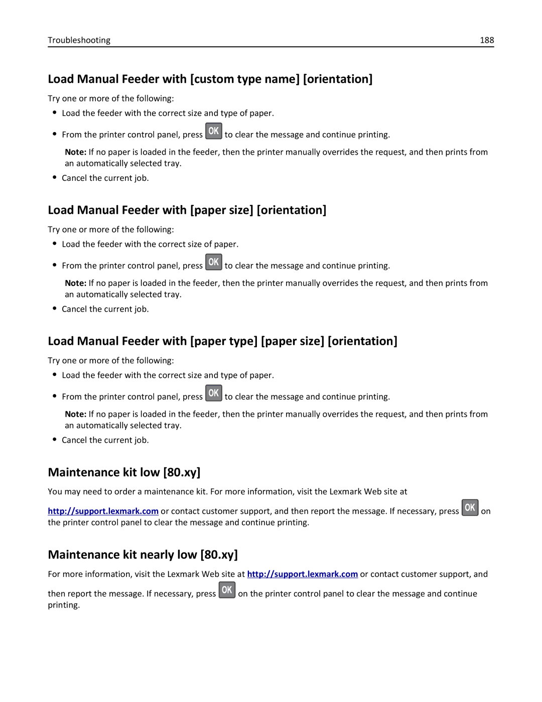 Lexmark M5163DN manual Load Manual Feeder with custom type name orientation, Load Manual Feeder with paper size orientation 