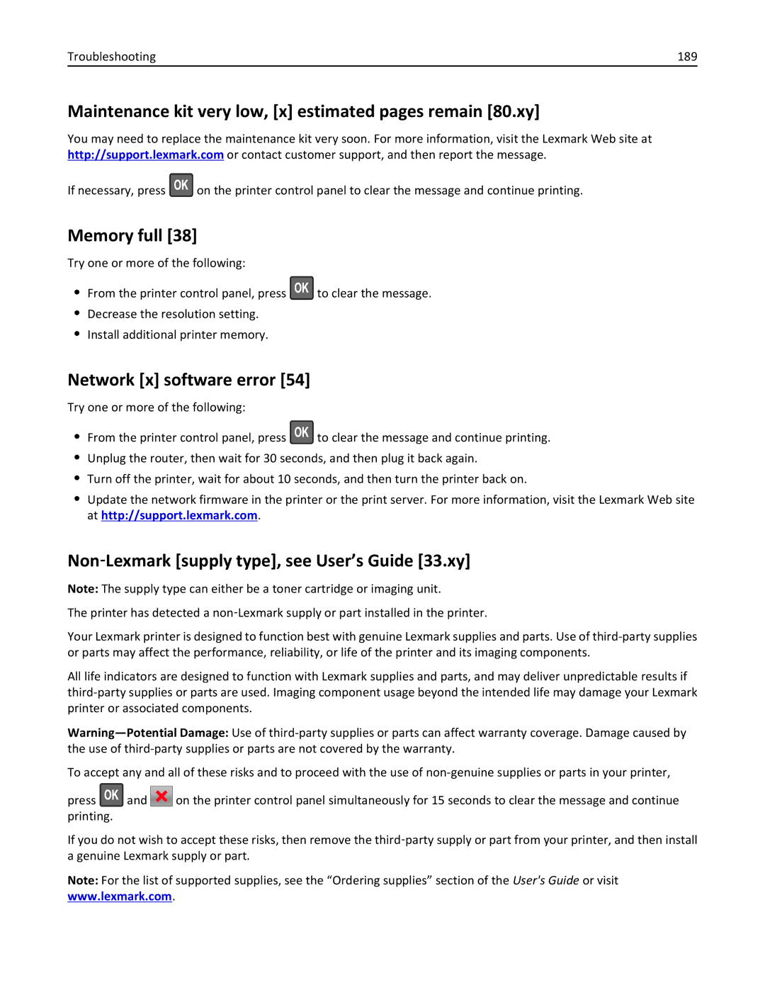 Lexmark M5163DN manual Maintenance kit very low, x estimated pages remain 80.xy, Memory full, Network x software error 