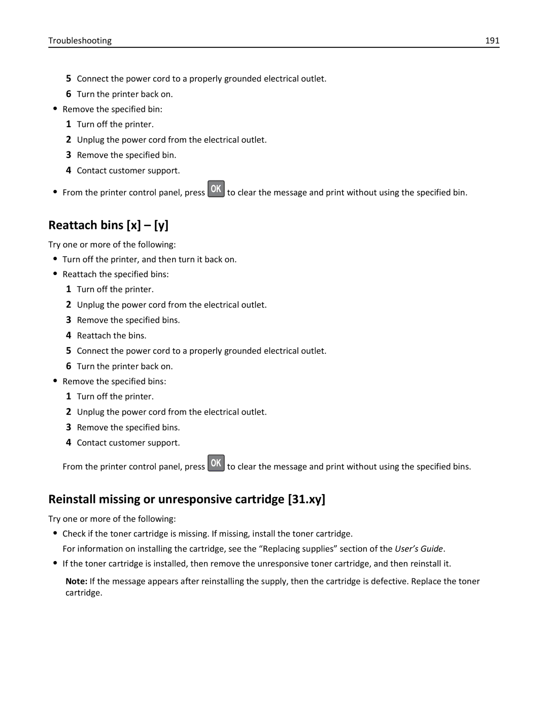 Lexmark M5163DN manual Reattach bins x y, Reinstall missing or unresponsive cartridge 31.xy 