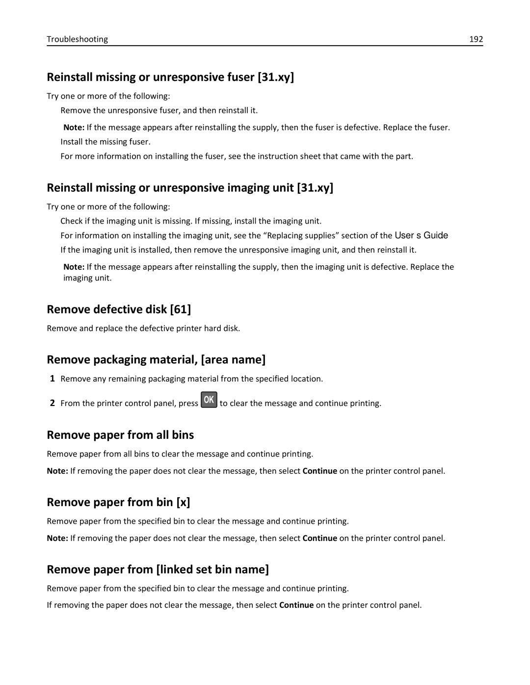 Lexmark M5163DN manual Reinstall missing or unresponsive fuser 31.xy, Reinstall missing or unresponsive imaging unit 31.xy 