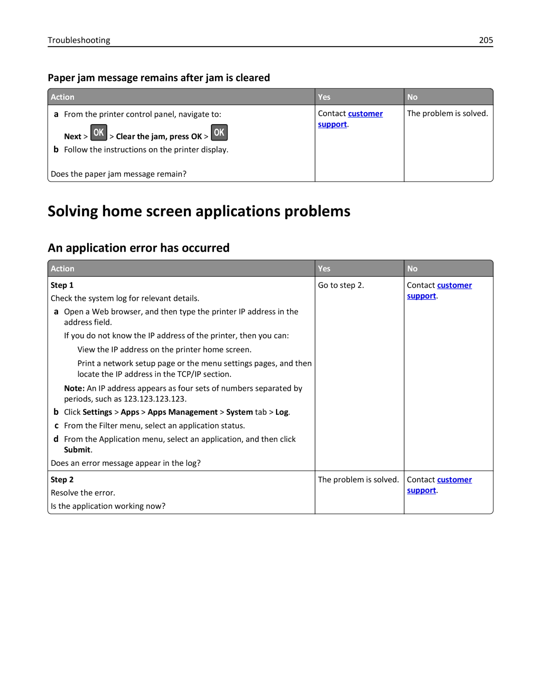 Lexmark M5163DN manual Solving home screen applications problems, An application error has occurred, Troubleshooting 205 