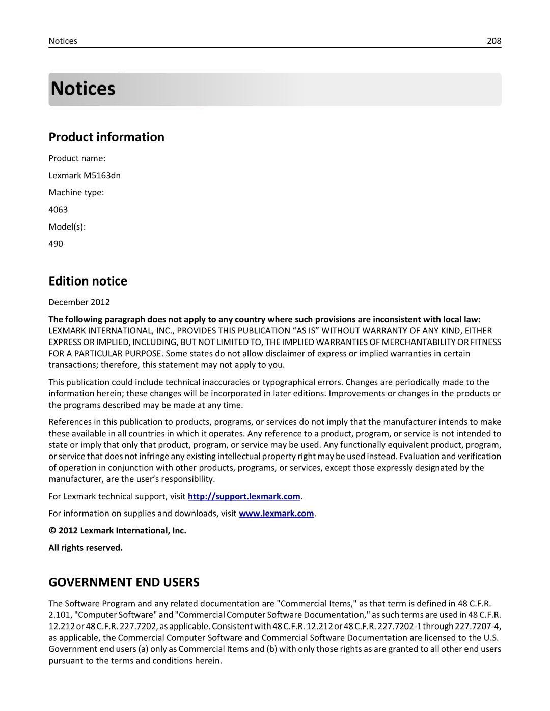 Lexmark M5163DN manual Product information, Edition notice, Lexmark International, Inc All rights reserved 