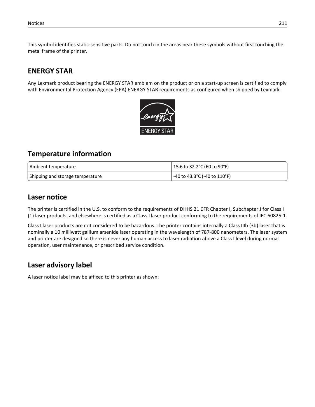 Lexmark M5163DN manual Temperature information, Laser notice, Laser advisory label, 211 